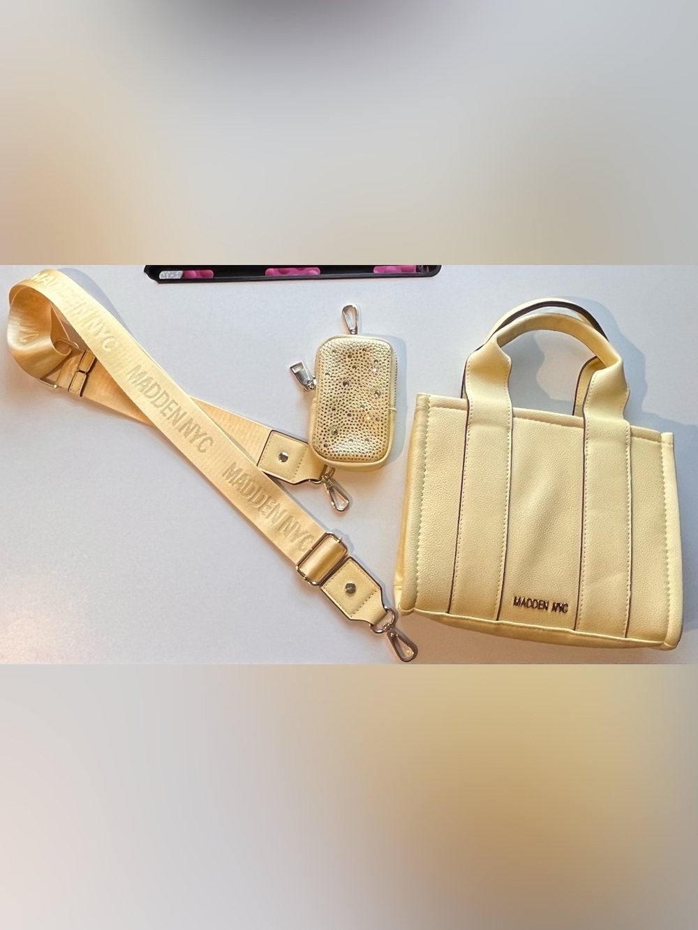 Steve Madden Pale Yellow Tote Crossbody with Detachable Strap and Pouch